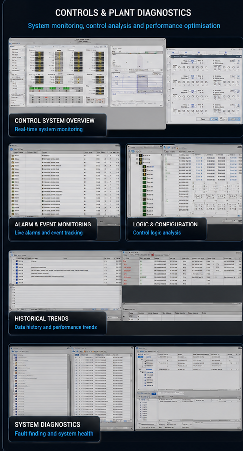 Controls, protection, AVR and industrial diagnostics screens